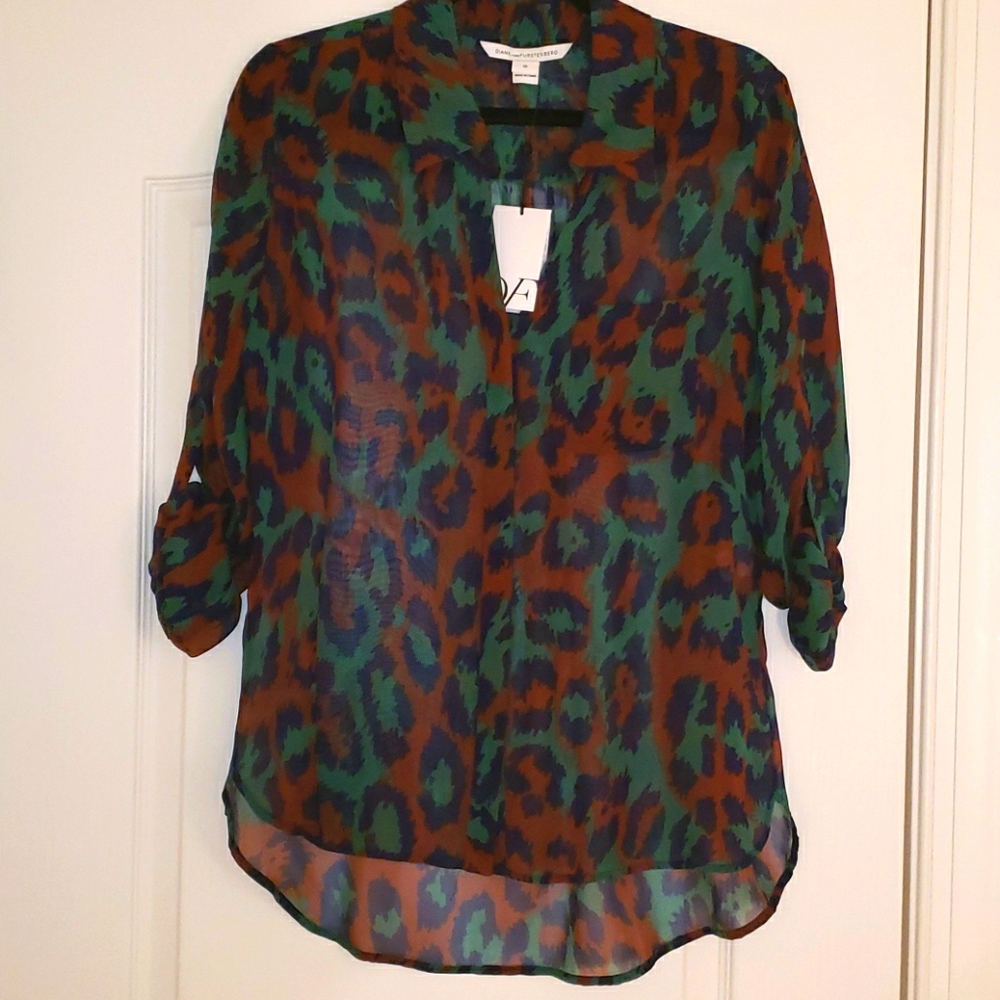 Diane Von Furstenberg Blouse Blue Green & Beige